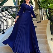abordables Robes de fête-Robes de Fête A-Ligne Robe Volante Invité de Mariage Vacances Longueur De Sol Manches 3/4 Col en V Ceinture  Sash Chiffon avec Plis robe à impressionner