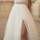 abordables Vestidos de novia-Vestidos de Boda Boho Playeros A-Line Separados con Cola de Barrido  Cepillo de Satén Faldas de Novia Vestidos de Novia con Frente Partido en Color Sólido 2025