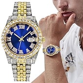 cheap Quartz Watches-Men&#039;s Quartz Watch with Chain Bracelet Set Fashion Luxury Bling Diamond Hiphop Analog Men Quartz Wristwatch Calendar Waterproof Men&#039;s Watch