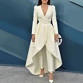 abordables Costumes-pantalons pour maman-Costume deux pièces robe de soirée élégante smoking invitée de mariage fiançailles longueur de sol manches longues col en V invitée de mariage d&#039;automne en satin avec ceinture  ruban jupe overskirt