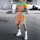 cheap Men&#039;s Printed Tees sets-Men&#039;s Graphic Color Block 2pcs Tees sets Shorts and T Shirt Set T-Shirt Outfits Short Sleeve Crew Neck Designer Casual Comfortable Outdoor Vacation Daily 3D Print 2 Piece Spring &amp; Summer Black White