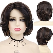 voordelige oudere pruik-dames korte pruiken synthetisch haar mix bruin kapsel krullende pruiken bob mama pruik natuurlijke highlight pruiken met pony aan de zijkant