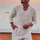 abordables Vacances-Homme Chemise Lin Chemisette Chemise d&#039;été Tenues de plage Chemise décontractée Plein Vacances Curise Blanche Bleu Marron Kaki manche longue Col V Printemps été Vêtement Tenue