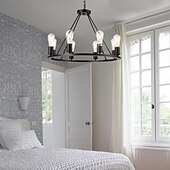 preiswerte Pendelleuchte-LED-Pendelleuchte Vintage-Kronleuchter aus lackiertem Metall, mit 6/8/10/12 Lichtern, rustikale Vintage-Bauernhaus-Kronleuchter-Beleuchtung, Kutschenrad-Anhänger, schwarz
