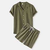 お買い得  メンズベーシックシャツセット-男性用 シャツ コットンリネンシャツ ２個 シャツセット サマーセット 平織り ハワイアン 祝日 ブラック ホワイト イエロー グリーン 半袖 ラペル 春夏 衣類 ポケット