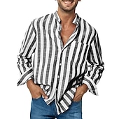preiswerte Herrenhemd zum Knöpfen-Herren Hemd Sommerhemd Freizeithemd Strandhemd Knopfhemd Gestreifte Hemden Schwarz Rote Blau Grün Grau Langarm Gestreift Großvaterkragen Kragen Urlaub Täglich Druck Bekleidung Polyester Mode Lässig