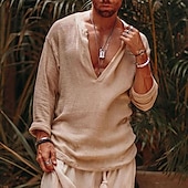 voordelige Vakantie-Voor heren linnen overhemd Viking-stijl Zomer overhemd Strand Kleding Normaal shirt Effen Vakantie Curise Wit Groen Lange mouw V-hals Lente zomer Kleding