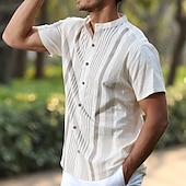 cheap Street-Men&#039;s Cotton Linen Shirt Chinese Collar Shirt Mandarin Collar Shirt Summer Shirt Casual Shirt Beach Shirt Stripe Vacation Casual Black White Light Blue Short Sleeve Grandad Collar Summer Clothing