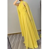 abordables JAUNE-Robe de soirée A-Line plage élégante robe invité de mariage longueur sol sans manches haut capes en tulle avec froncé 2025