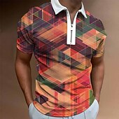 cheap Men&#039;s Geometric Polo-Men&#039;s Graphic Zip Polo Shirts Golf Shirt Short Sleeve Polo Shirts Collared Shirts Casual Vacation Wear Rave Wear Party Outfits 3D Print Quarter Zip Polo White Yellow Pink