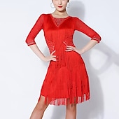 preiswerte Turnierkleid-Latein-Tanz Kleid Strass Quaste Farbaufsatz Damen Leistung Ausbildung Halbe Ärmel Gitter Spandex