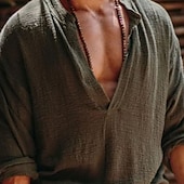 voordelige Vakantie-Voor heren linnen overhemd Viking-stijl Zomer overhemd Strand Kleding Normaal shirt Effen Vakantie Curise Wit Groen Lange mouw V-hals Lente zomer Kleding