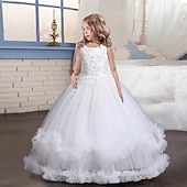 preiswerte Partykleider-Kinder Mädchen Kleid Blume ärmellos Performance Party Spitze süßes Polyester knielanges Tüllkleid Sommer Frühling Herbst 4–13 Jahre blau