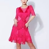 preiswerte Turnierkleid-Latein-Tanz Kleid Strass Quaste Farbaufsatz Damen Leistung Ausbildung Halbe Ärmel Gitter Spandex