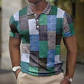 cheap Men&#039;s Color Block Polo-Men&#039;s Plaid Waffle Polo Shirts Golf Shirt Short Sleeve Polo Shirts Collared Shirts Vintage Casual Vacation Wear Formal Wear Festival Wear Buttons 3D Print Light Yellow Crystal / Orange Yellow