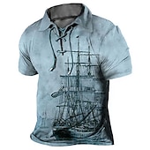 ieftine Polo vintage pentru bărbați-Bărbați Imprimeu Grafic Epocă Barcă Tricou POLO Cămașă de golf Manșon scurt Cămașă Răsfrânt În aer liber Stradă Albastru Lac Albastru piscină Maro Kaki Gri Cordon Imprimeu Îmbrăcăminte Sport Modă Șic