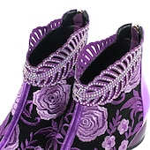 abordables Bottines-bottines à talons en jacquard floral ornées de strass pour femmes - talons en velours bleu élégants pour les événements en soirée