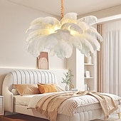 abordables Luces de isla-Lámpara colgante de luz led, hermosa lámpara colgante de ramo de plumas de avestruz blanco extra grande, accesorio de iluminación montado romántico para el dormitorio del restaurante