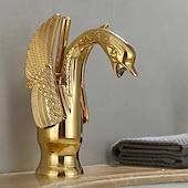 baratos Clássico-torneira misturadora de pia de banheiro vintage forma de cisne de latão, torneiras de lavatório monobloco alça única um furo montado no convés, mono torneira de vaso de água quente e fria mangueira retrô antigo