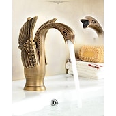 baratos Clássico-torneira misturadora de pia de banheiro vintage forma de cisne de latão, torneiras de lavatório monobloco alça única um furo montado no convés, mono torneira de vaso de água quente e fria mangueira retrô antigo