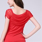 voordelige Latin danskleding-Latijnse dans Ballroomdansen Sportkleding Top Geplooid Pure Kleur Gesplitst Dames Prestatie Opleiding Korte mouw Netstof Melkvezel