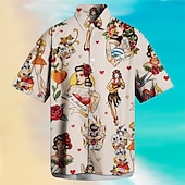voordelige Retro Vintage Print-Voor heren Hula meisjes Overhemd Hawaiiaans overhemd Aloha-shirt Korte Mouw Overhemd Strijkijzer Modieus Streetwear Ontwerper Buiten Straat Casual Abrikoos Zwart S M L