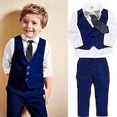 billiga Pojkes formella kostym-pojkar 4 st kostymset skjorta &amp; byxor formella set kläder set outfit enfärgad långärmad set formellt mode sommar vår 7-13 år blå