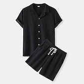 お買い得  メンズベーシックシャツセット-男性用 シャツ コットンリネンシャツ ２個 シャツセット サマーセット 平織り ハワイアン 祝日 ブラック ホワイト イエロー グリーン 半袖 ラペル 春夏 衣類 ポケット