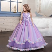 preiswerte Partykleider-Kinder Mädchen Kleid Blume ärmellos Performance Party Spitze süßes Polyester knielanges Tüllkleid Sommer Frühling Herbst 4–13 Jahre blau