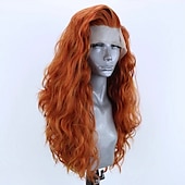 voordelige Synthetische kanten pruiken-lange lijmloze synthetische lace front pruik oranje lange golvende zijscheiding lace wigs synthetisch haar pruik voor vrouwen pruik