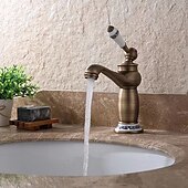 cheap Classical-Vintage Bathroom Sink Mixer Faucet, Monobloc Washroom Basin Taps Single Handle One Hole Deck Mounted, Mono Retro Style Water Taps Hot and Cold Hose