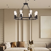 preiswerte Pendelleuchte-LED-Pendelleuchte Vintage-Kronleuchter aus lackiertem Metall, mit 6/8/10/12 Lichtern, rustikale Vintage-Bauernhaus-Kronleuchter-Beleuchtung, Kutschenrad-Anhänger, schwarz