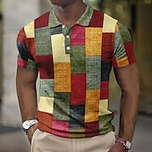 cheap Men&#039;s Color Block Polo-Men&#039;s Plaid Waffle Polo Shirts Golf Shirt Short Sleeve Polo Shirts Collared Shirts Vintage Casual Vacation Wear Formal Wear Festival Wear Buttons 3D Print Light Yellow Crystal / Orange Yellow