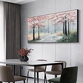billiga Landskapsmålningar-handgjord oljemålning duk väggkonst dekor original rosa trädmålning abstrakt skogslandskapsmålning för heminredning med sträckt ram/utan inre rammålning