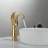 baratos Clássico-torneira misturadora de pia de banheiro vintage forma de cisne de latão, torneiras de lavatório monobloco alça única um furo montado no convés, mono torneira de vaso de água quente e fria mangueira retrô antigo