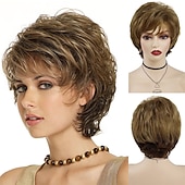 cheap Older Wigs-Synthetic Short Wigs for White Women Sandy Blonde Wig with Bangs Mix Brown Color Curly Wig Hair Ombre Elderly Wig Mom