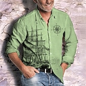 billiga Vintage skjorta-Herr Nautisk Årgång Segelbåt Skjorta Knapp upp skjorta Långärmad Vintage Mode Streetwear Utomhus Ledigt Dagligen Sommar Vår Höst Nedvikt Mönster Svart Blå Grön Kaki Grå