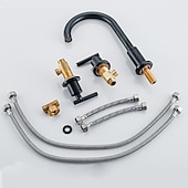 halpa Kaksikahvaiset-laajalle levinnyt kylpyhuoneen pesualtaan hana, 360 kääntyvä messinki 3 reikää 2 kahvaa pesuallashana asennettuna, pesuhuoneen pesuallas vesihana kuuma- ja kylmäletkulla