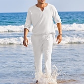 abordables Conjuntos de camisas básicas para hombre-Hombre Camisa de lino de algodón Camisa de algodón blanca 2 Piezas Conjunto de camisa Abotonar la camisa Camisa de verano Negro Blanco Rosa Manga Larga Plano Escote en Pico Primavera verano Exterior