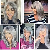 economico parrucca più vecchia-parrucche sintetiche a strati grigi per parrucca da donna bianca con frangia parte laterale a strati parrucca di capelli naturali ondulati grigio argento misto per parrucca grigia da festa quotidiana