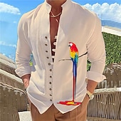 voordelige Vogels &amp; Dieren-Voor heren Papegaai Overhemd Hawaiiaans overhemd Aloha-shirt Lange mouw Overhemd Opstaand Modieus Ontwerper Casual Buiten Vakantie Straat Wit blauw Blauw / Wit S M L