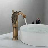 baratos Clássico-torneira misturadora de pia de banheiro vintage forma de cisne de latão, torneiras de lavatório monobloco alça única um furo montado no convés, mono torneira de vaso de água quente e fria mangueira retrô antigo
