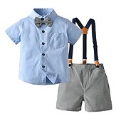 billiga Kläder för pojkar-2 delar Barn Pojkar Skjorta och shorts Utrusta Ensfärgat Rand Kortärmad Uppsättning Ledigt Mode Dagligen Sommar Vår 7-13 år Flerfärgad Vit Ljusgrön