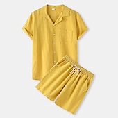 お買い得  メンズベーシックシャツセット-男性用 シャツ コットンリネンシャツ ２個 シャツセット サマーセット 平織り ハワイアン 祝日 ブラック ホワイト イエロー グリーン 半袖 ラペル 春夏 衣類 ポケット