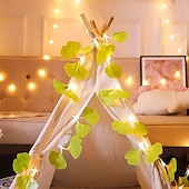 economico Striscie luci a batteria-Fogliame Di Ginkgo Artificiale Luci A Filo In Rattan Piante In Filo Di Rame Luci A Vite Bianco Caldo Per Decorare Le Pareti Del Giardino