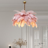 abordables Luces de isla-Lámpara colgante de luz led, hermosa lámpara colgante de ramo de plumas de avestruz blanco extra grande, accesorio de iluminación montado romántico para el dormitorio del restaurante