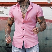 preiswerte Herrenhemd zum Knöpfen-Herren Hemd Sommerhemd Freizeithemd Knopfhemd Hemden zum Herausstecken Schwarz Weiß Gelb Rosa Dunkelmarine Kurzarm Einfach Umlegekragen Urlaub Straße Bekleidung Baumwolle Baumwollmischung Mode Lässig