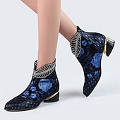 abordables Bottines-bottines à talons en jacquard floral ornées de strass pour femmes - talons en velours bleu élégants pour les événements en soirée