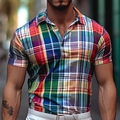 Men's Plaid Polo Shirts Golf Shirt Short Sleeve Polo Shirts Collared Shirts Casual Vacation Wear Formal Wear Festival Wear Buttons 3D Print Yellow Red Green3