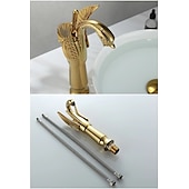 baratos Clássico-torneira misturadora de pia de banheiro vintage forma de cisne de latão, torneiras de lavatório monobloco alça única um furo montado no convés, mono torneira de vaso de água quente e fria mangueira retrô antigo